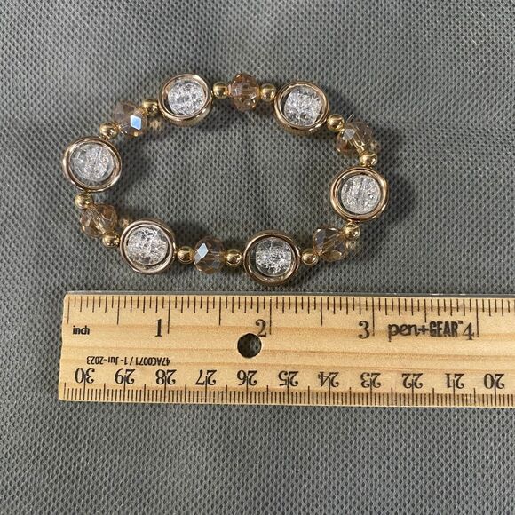 Crackled Glass Framed Beads Bracelet Clear Light Amber Gold Tone Stretch - Picture 6 of 9